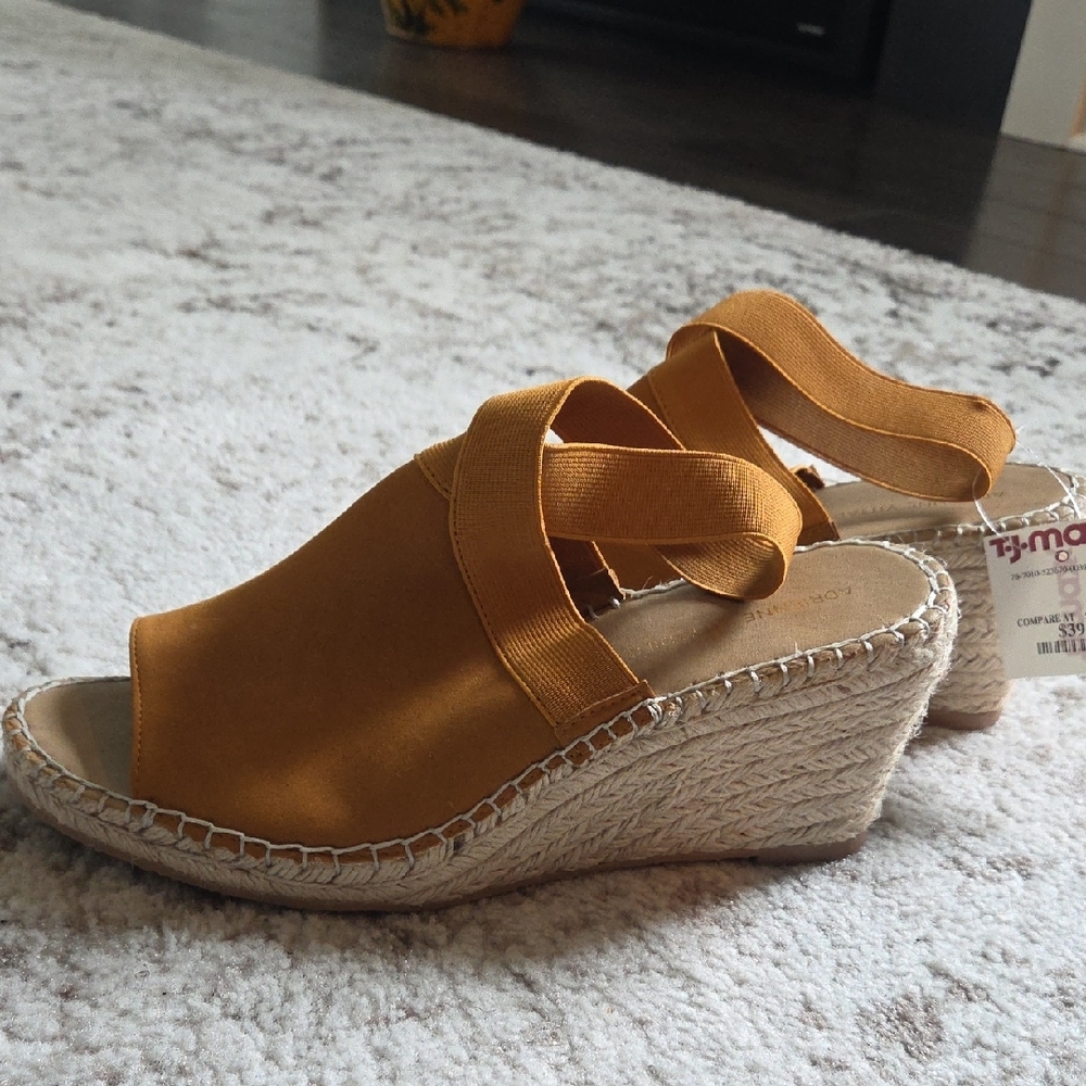 Tan Espadrille Wedge Sandals with Adjustable Strap